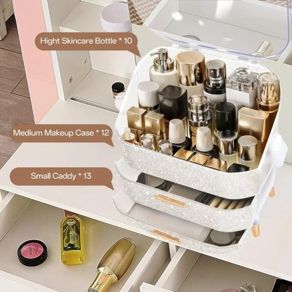 Egg Shape Makeup Storage Box, Portable Preppy Vanity Organizer with Rhinestones